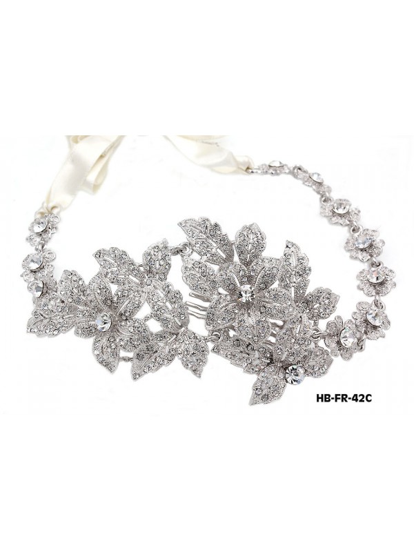 Head Band – Bridal Headpiece w/ Austrian Crystal Stones Flower - HB-FR-42C