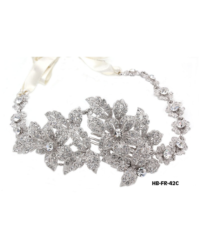 Head Band – Bridal Headpiece w/ Austrian Crystal Stones Flower - HB-FR-42C