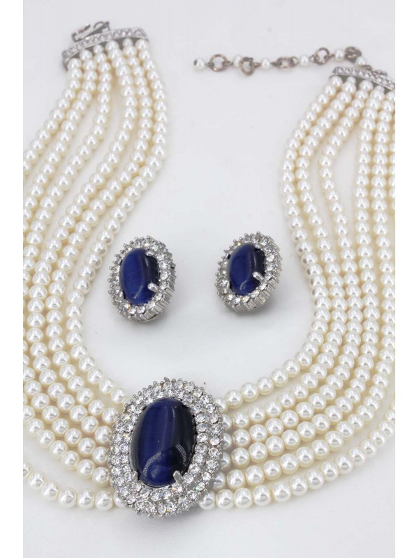 Multi Chain Pearl Necklace and Earrings Set - NE-264BL