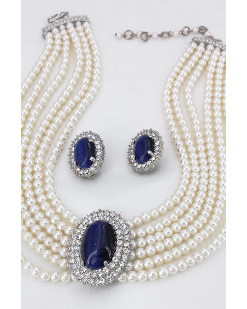 Multi Chain Pearl Necklace and Earrings Set - NE-264BL