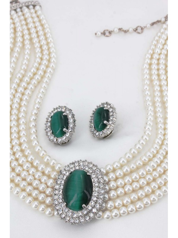 Multi Chain Pearl Necklace and Earrings Set - NE-264GN