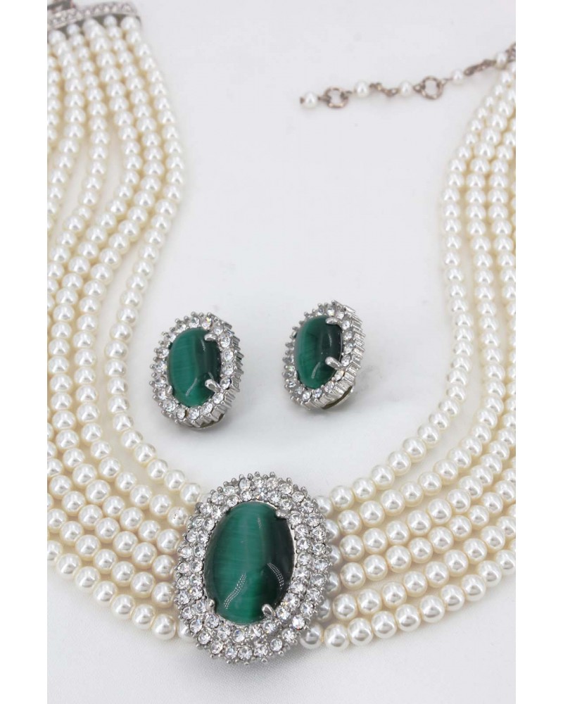 Multi Chain Pearl Necklace and Earrings Set - NE-264GN