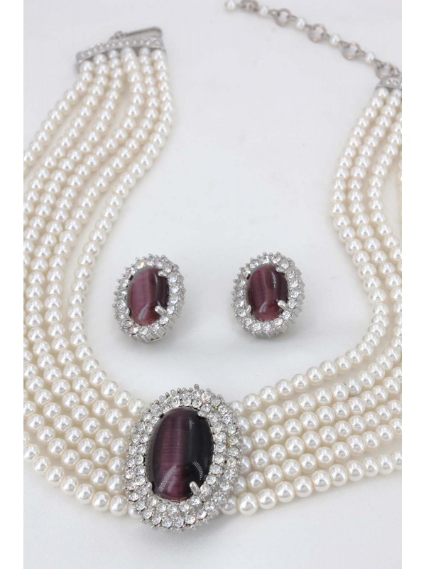 Multi Chain Pearl Necklace and Earrings Set - NE-264PL