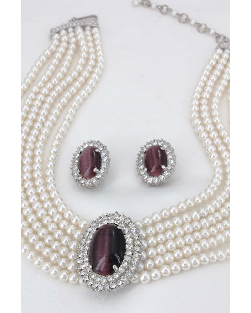 Multi Chain Pearl Necklace and Earrings Set - NE-264PL