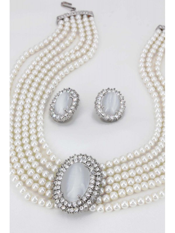 Multi Chain Pearl Necklace and Earrings Set - NE-264WT