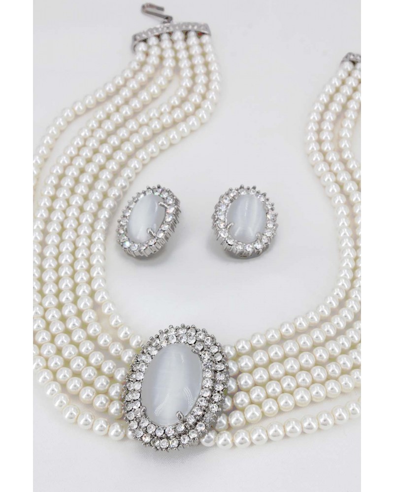 Multi Chain Pearl Necklace and Earrings Set - NE-264WT