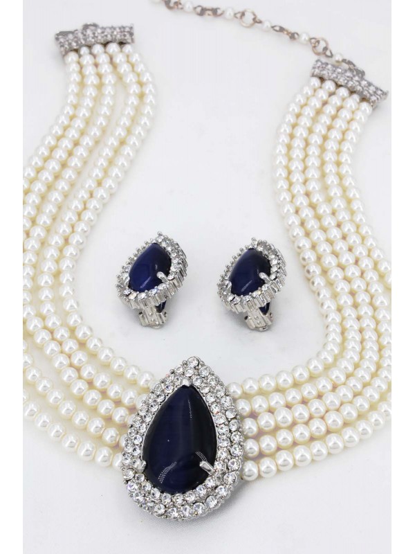 Multi Chain Pearl Necklace and Earrings Set - NE-265BL