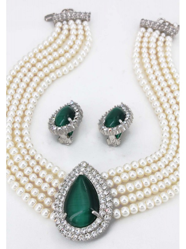 Multi Chain Pearl Necklace and Earrings Set - NE-265GN