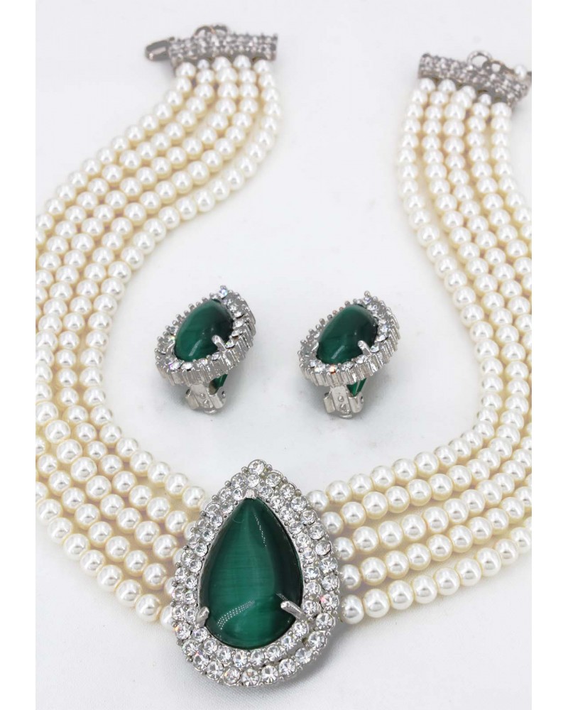 Multi Chain Pearl Necklace and Earrings Set - NE-265GN