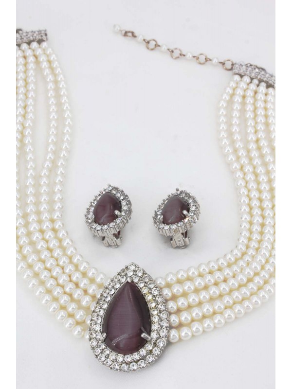 Multi Chain Pearl Necklace and Earrings Set - NE-265PL