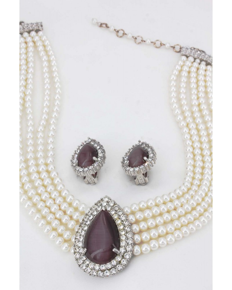 Multi Chain Pearl Necklace and Earrings Set - NE-265PL