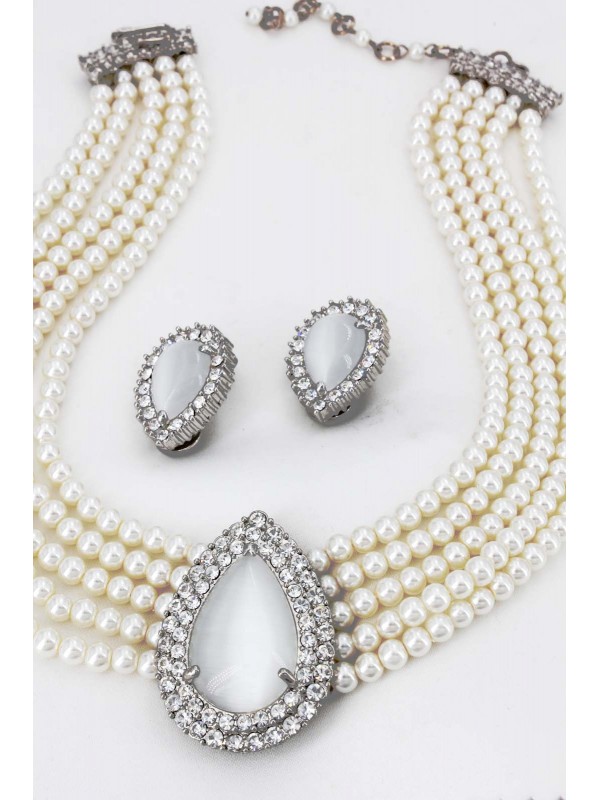 Multi Chain Pearl Necklace and Earrings Set  - NE-265WT