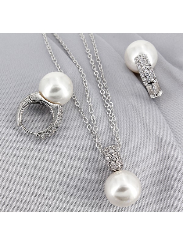 Gift set: Maperla Pearl w/ Swarovski Cubic Zirconia Necklace & Earrings Set - NE-JP10416W