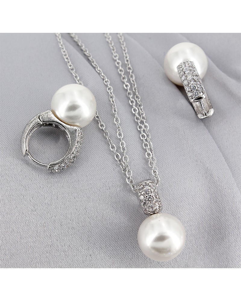 Gift set: Maperla Pearl w/ Swarovski Cubic Zirconia Necklace & Earrings Set - NE-JP10416W