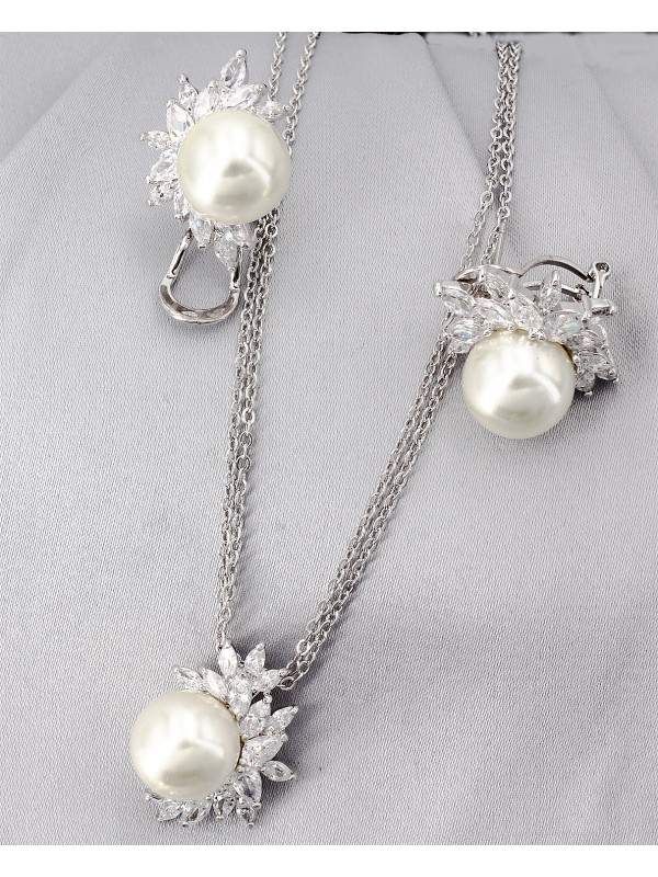 Gift set: Maperla Pearl w/ Swarovski Cubic Zirconia Necklace & Earrings Set - NE-JP10417W