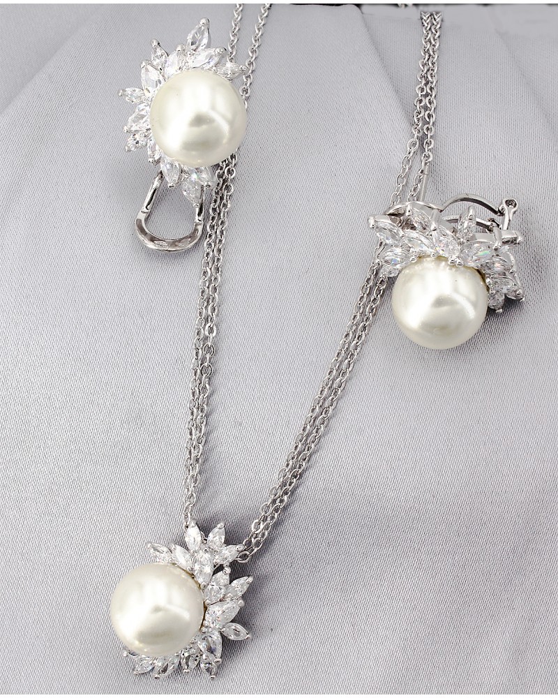 Gift set: Maperla Pearl w/ Swarovski Cubic Zirconia Necklace & Earrings Set - NE-JP10417W