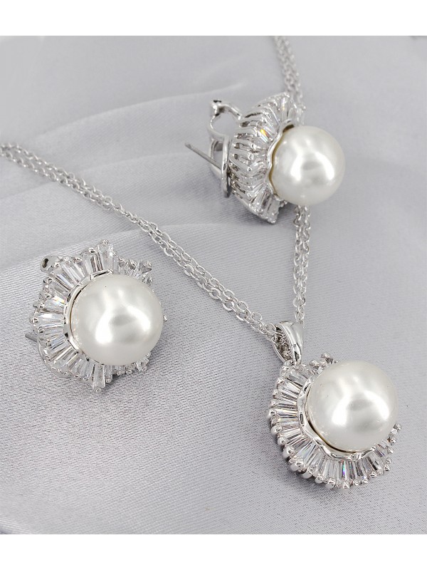 Gift set: Maperla Pearl w/ Swarovski Cubic Zirconia Necklace & Earring Set - NE-JP10969W