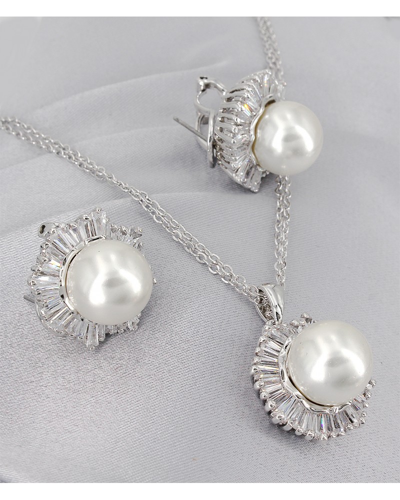 Gift set: Maperla Pearl w/ Swarovski Cubic Zirconia Necklace & Earring Set - NE-JP10969W