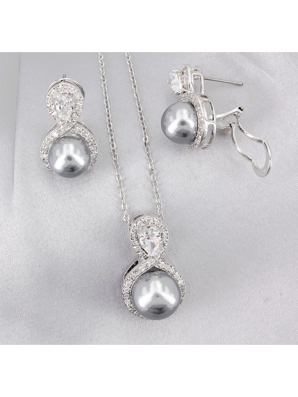 Gift set: Maperla Pearl w/ Swarovski Cubic Zirconia Necklace & Earrings Set - NE-JP11695B