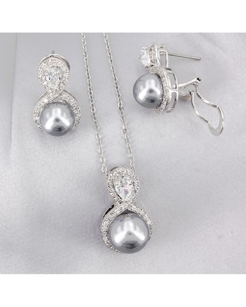 Gift set: Maperla Pearl w/ Swarovski Cubic Zirconia Necklace & Earrings Set - NE-JP11695B