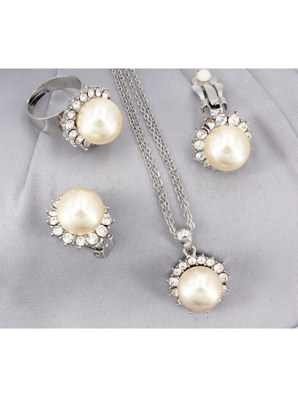 Gift set: Pearl Necklace + Earrings + Ring Set - NE-NS6072W