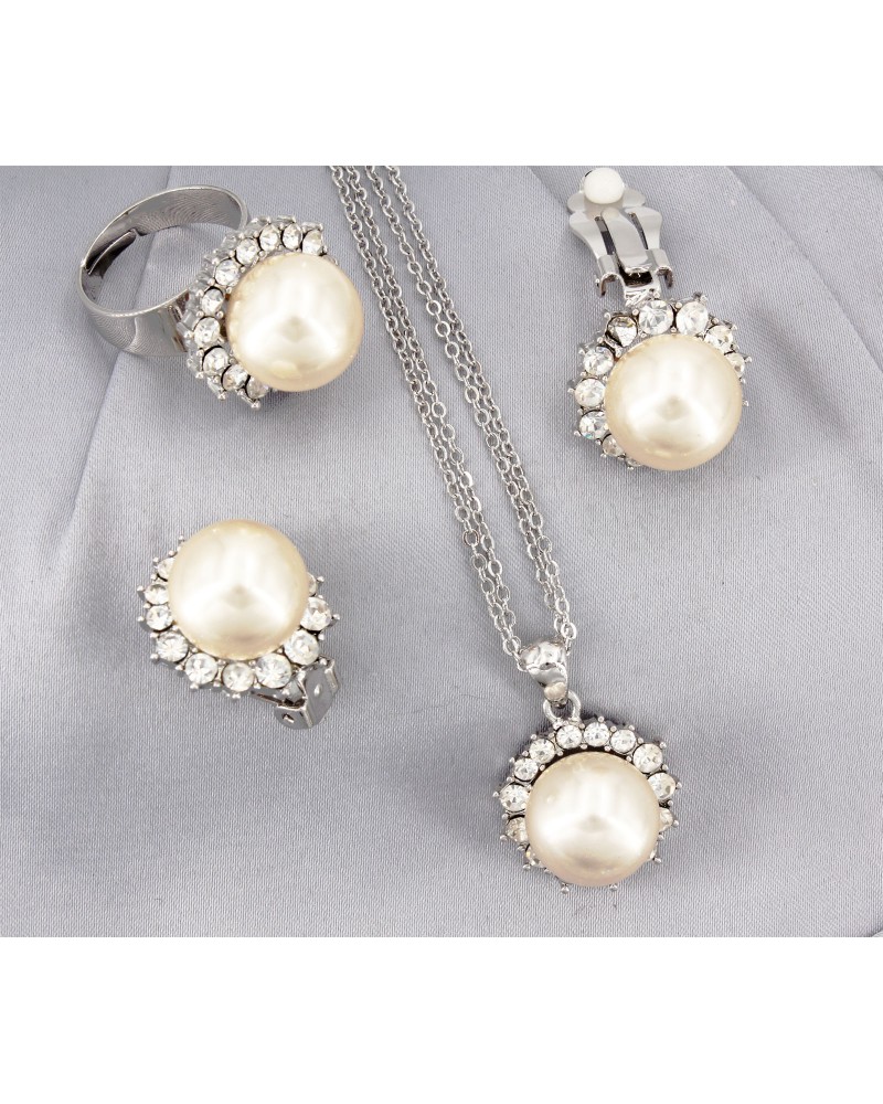 Gift set: Pearl Necklace + Earrings + Ring Set - NE-NS6072W