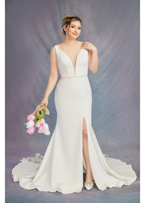 Fitted & Flare Plunge V Neck Tank Top Wedding Dress - Plus Size - CB-F3001P