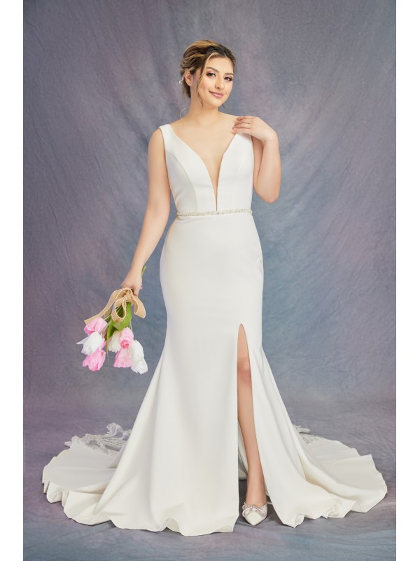 Fitted & Flare Plunge V Neck Tank Top Wedding Dress - Plus Size - CB-F3001P