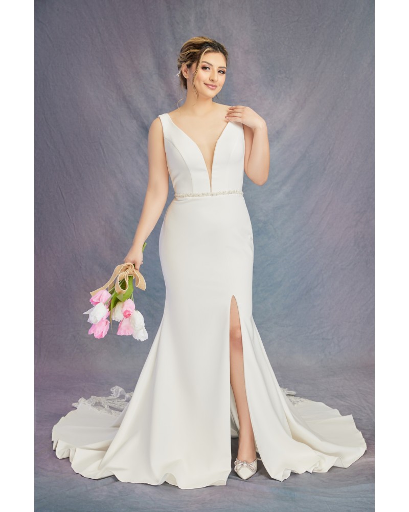 Fitted & Flare Plunge V Neck Tank Top Wedding Dress - CB-F3001