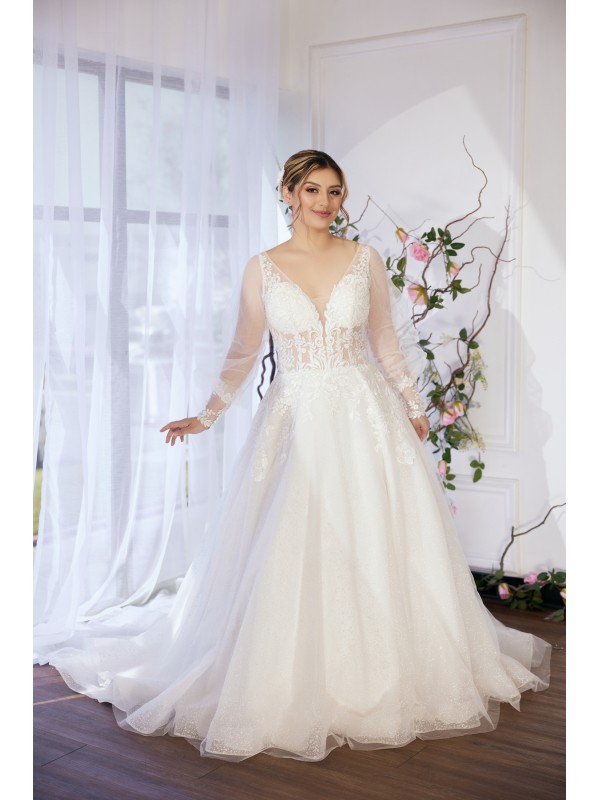 A-line Plunge V  with Detachable Puffy Long Sleeves Wedding Dress - Plus Size - LV-A4001P