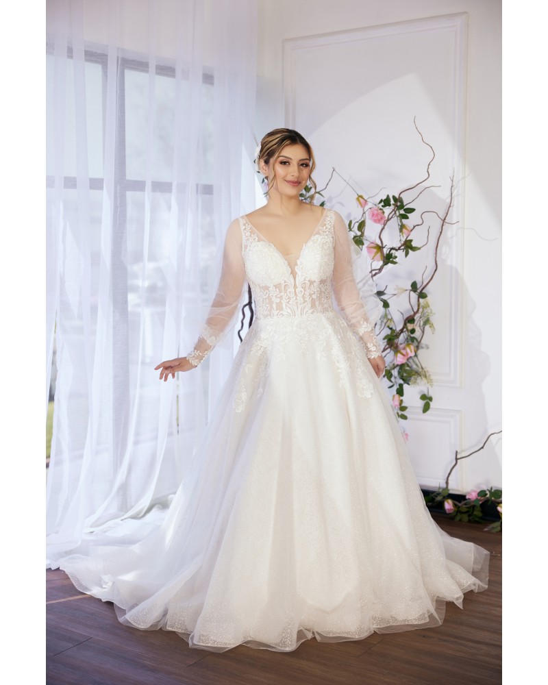 A-line Plunge V  with Detachable Puffy Long Sleeves Wedding Dress - Plus Size - LV-A4001P