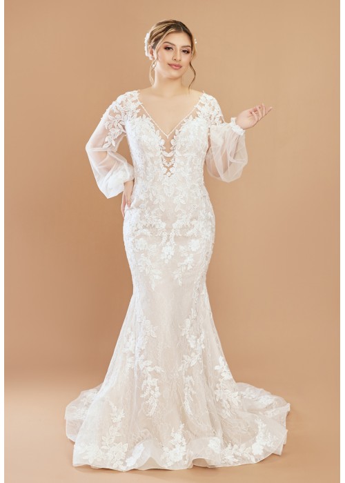 Puff Long Sleeves Mermaid Plunge V-Neck Wedding Dress - Plus Size - LV-M6002P