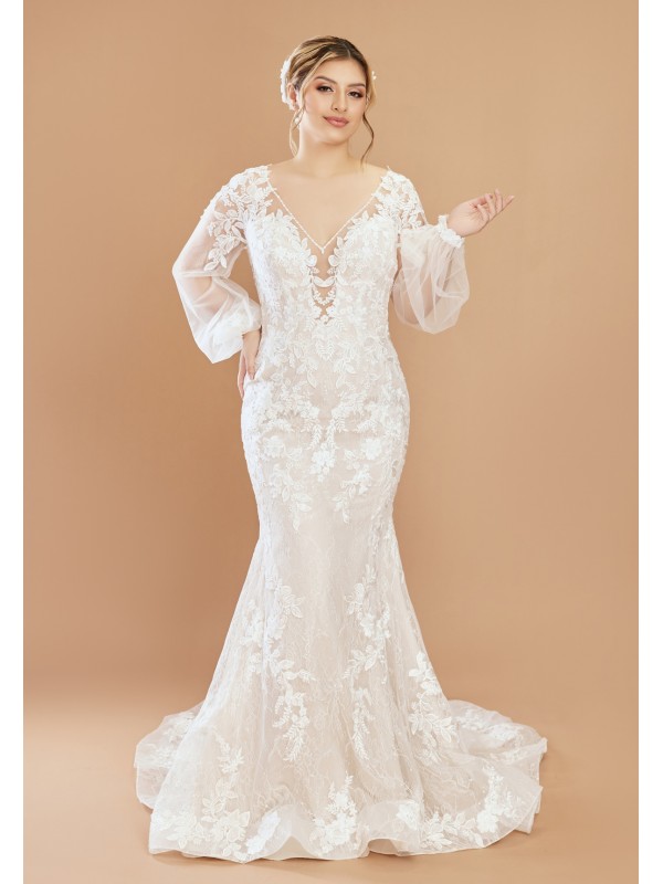 Puff Long Sleeves Mermaid Plunge V-Neck Wedding Dress - LV-M6002