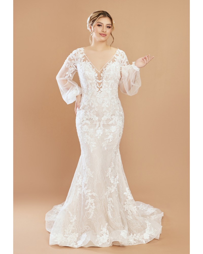 Puff Long Sleeves Mermaid Plunge V-Neck Wedding Dress - LV-M6002