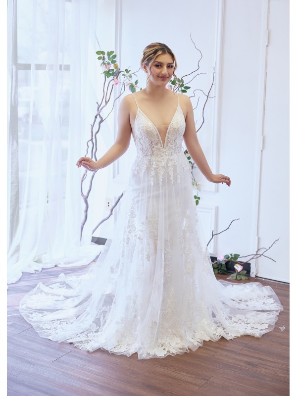 Fitted and Flare Plunge V-neck  Wedding Dress - Plus Size - OU-F1002P